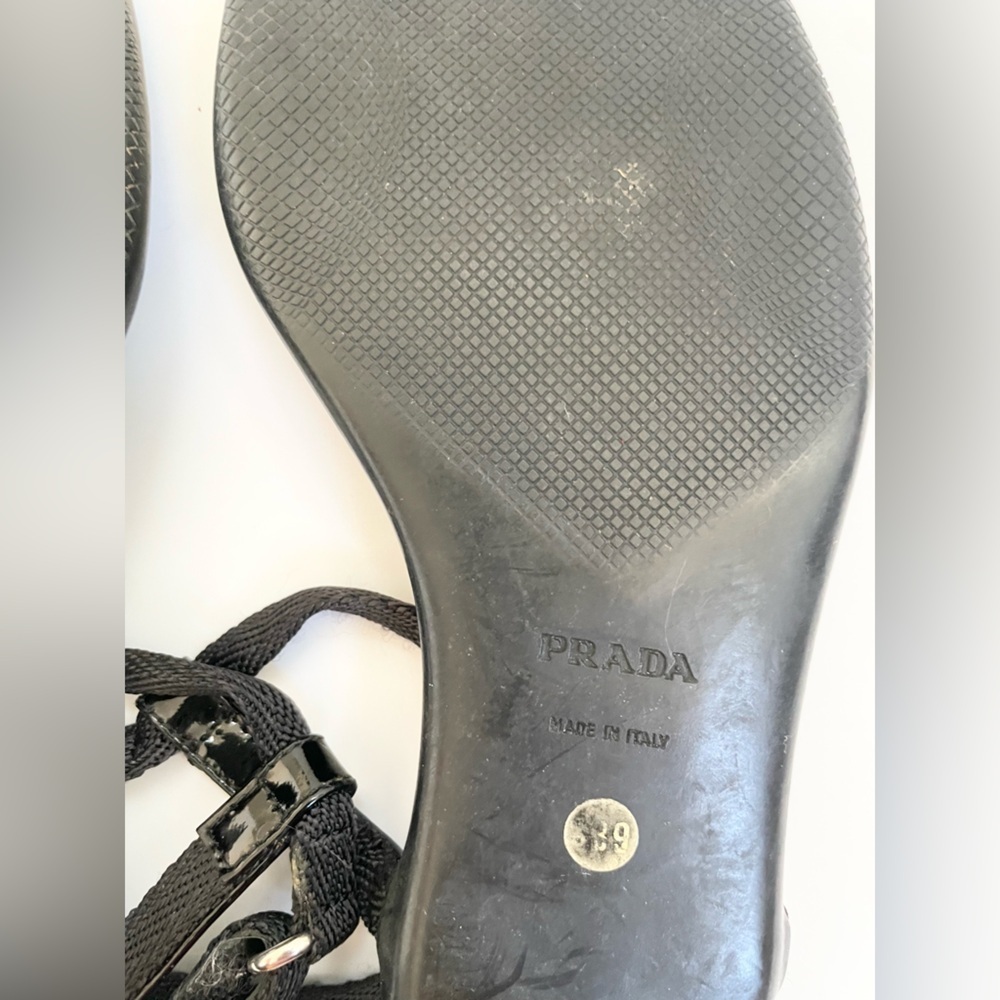 Prada Sport Y2K Black Leather Nylon Logo T-strap Kitten Low Heel Sandals EU 39 - Picture 5 of 11